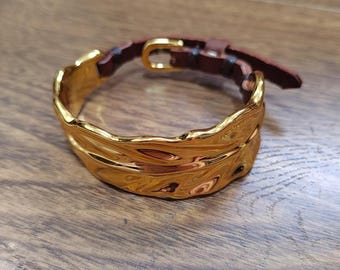 Textured Metal Cuff Bracelet, 18K Gold Plated Leather Strap, Edgy Punk Statement Jewelry