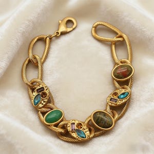 Vintage Rococo Natural Stone Bracelet, 18K Gold Plated Chain bangle