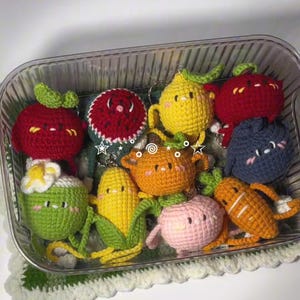 Interactive Crochet Fruits Keychain, Pull-string Limbs Handmade Amigurumi Fruits Keychain, Cute Keyring, Crochet Fruits Stuffed Animal