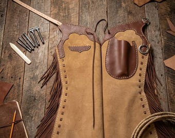 Chaparreras vaqueras de cuero con flecos, chaparreras de gamuza, atuendo para festivales, chaparreras clásicas de vaquera, chaparreras unisex de estilo vintage
