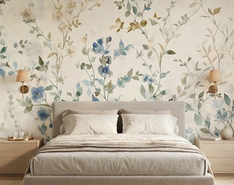 Blue Floral Wallpaper, Watercolor Botanical Mural, Soft Wildflower Wall Art, Delicate Vine Pattern, Garden Room Decor, Textured Mural