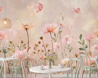 Pastel Floral Wallpaper, Butterfly Wall Mural, Pink Flower Decor, Romantic Dreamy Wall Art, Soft Interior Wallpaper, Removable Wallpaper