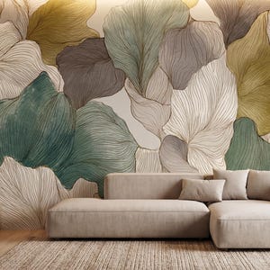 May include: A large-scale wall mural featuring an abstract botanical pattern of oversized, overlapping leaves in shades of sage green, deep teal, muted brown, and cream, accented with fine, intricate line work throughout the entire design.