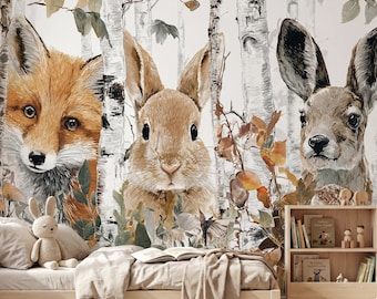 Woodland Nursery Wallpaper, Forest Animal Wall Mural, Fox Rabbit Deer Design, Kids Room Decor, Baby Room Wallpaper, Nursery Wallpaper