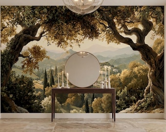 Mediterranean Landscape Wallpaper, Olive Tree Wall Mural, Nature Art, Italian Countryside Wallpaper, Living Room Decor, Scenic Wall Mural
