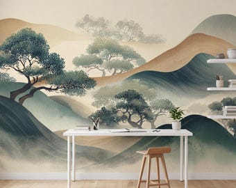 Abstract Mountain Wallpaper, Landscape Wall Mural, Nature Art, Modern Asian Style Decor, Earth Tone Living Room Wallpaper, Calm Scenic Mural
