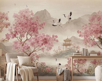 Cherry Blossom Wallpaper, Asian Landscape Wall Mural, Floral Nature Wallpaper, Crane Bird Wall Art, Zen Style Decor, Living Room Mural
