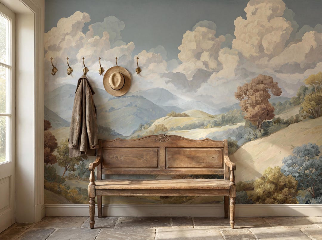 Vintage Landscape Wallpaper, Pastoral Cloud Wall Mural, French Country ...