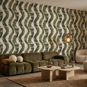 Retro Wave Wallpaper, Olive Green Geometric Mural, Mid Century Curved Stripe Design, Abstract 70s Pattern Wall Art, Vintage Wall Decal
