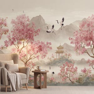 Cherry Blossom Wallpaper, Asian Landscape Wall Mural, Floral Nature Wallpaper, Crane Bird Wall Art, Zen Style Decor, Living Room Mural image 4