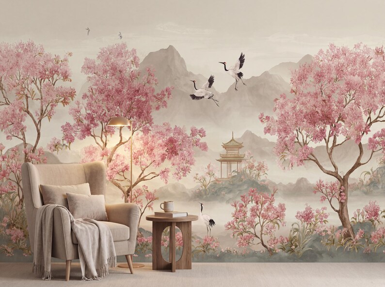 Cherry Blossom Wallpaper, Asian Landscape Wall Mural, Floral Nature Wallpaper, Crane Bird Wall Art, Zen Style Decor, Living Room Mural image 4
