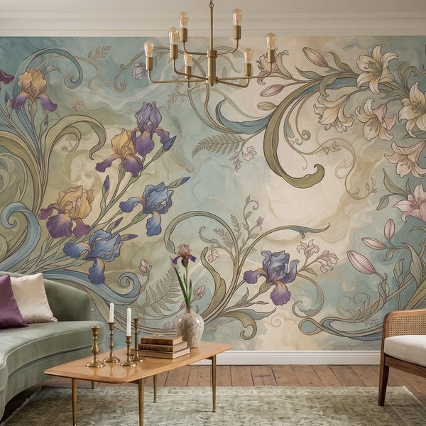 Art Nouveau Floral Wallpaper, Iris Lily Wall Mural, Vintage Botanical Wallpaper, Elegant Flower Wall Decor, Romantic Art Nouveau Mural