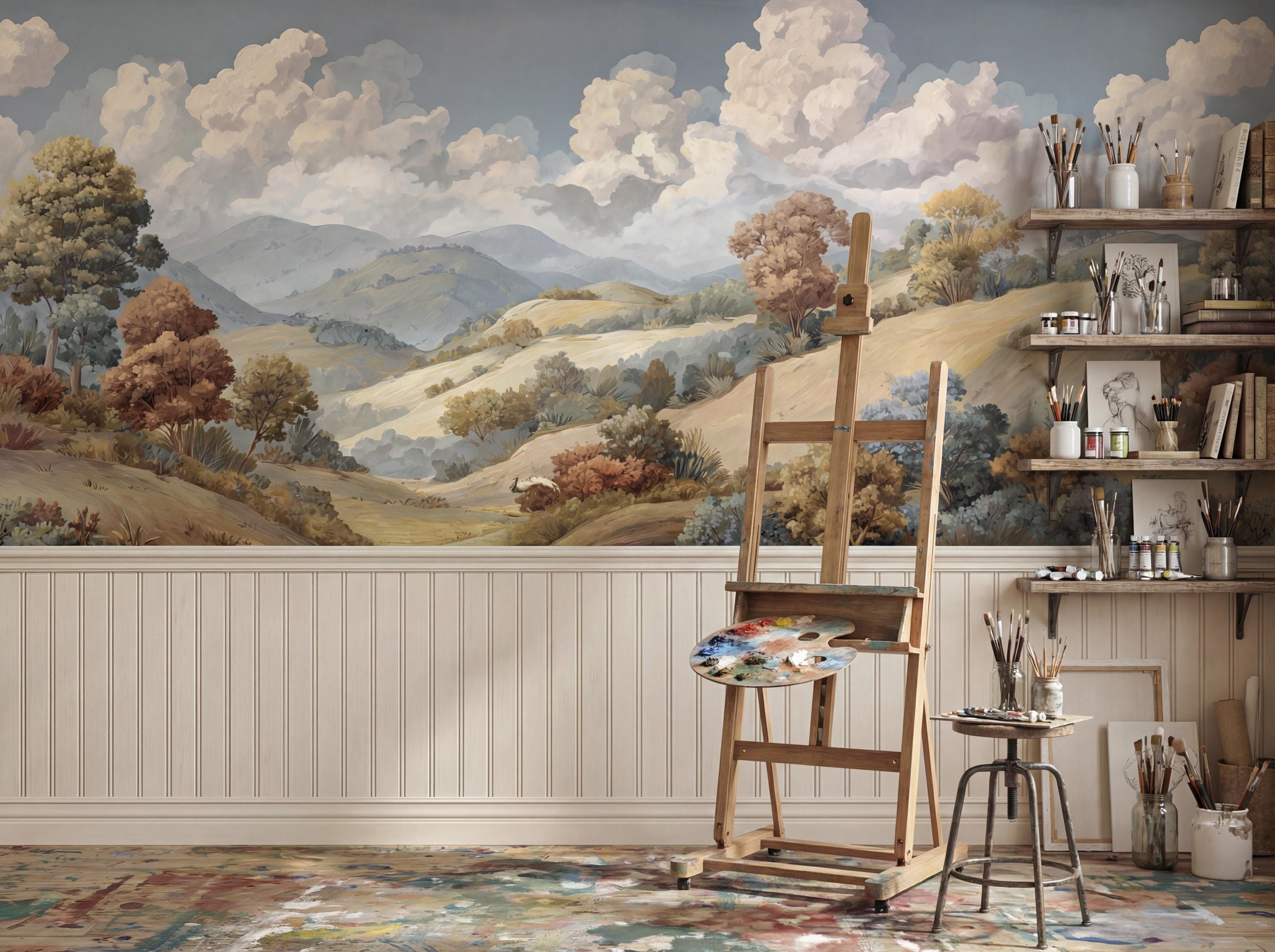 Vintage Landscape Wallpaper, Pastoral Cloud Wall Mural, French Country ...