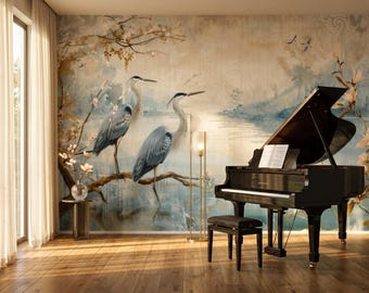 Crane Bird Wall Mural, Heron Wallpaper, Misty Lake Landscape, Asian Water Garden Scene, Waterside Nature Decor, Peel and Stick Wallpaper