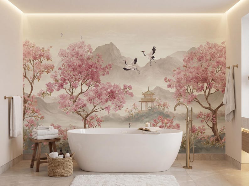 May include: A white freestanding bathtub sits in front of a wall mural featuring pink cherry blossom trees, two flying cranes, and a pagoda nestled among mountains. A brass floor-mounted faucet stands beside the tub, with a wooden stool and basket nearby.