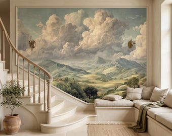 Vintage Landscape Wallpaper, Cloud Mural, European Countryside Wall Decor, Mountain Vista Wallpaper, Non Woven Wallpaper, Home Wallpaper