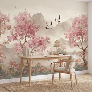 Cherry Blossom Wallpaper, Asian Landscape Wall Mural, Floral Nature Wallpaper, Crane Bird Wall Art, Zen Style Decor, Living Room Mural image 6