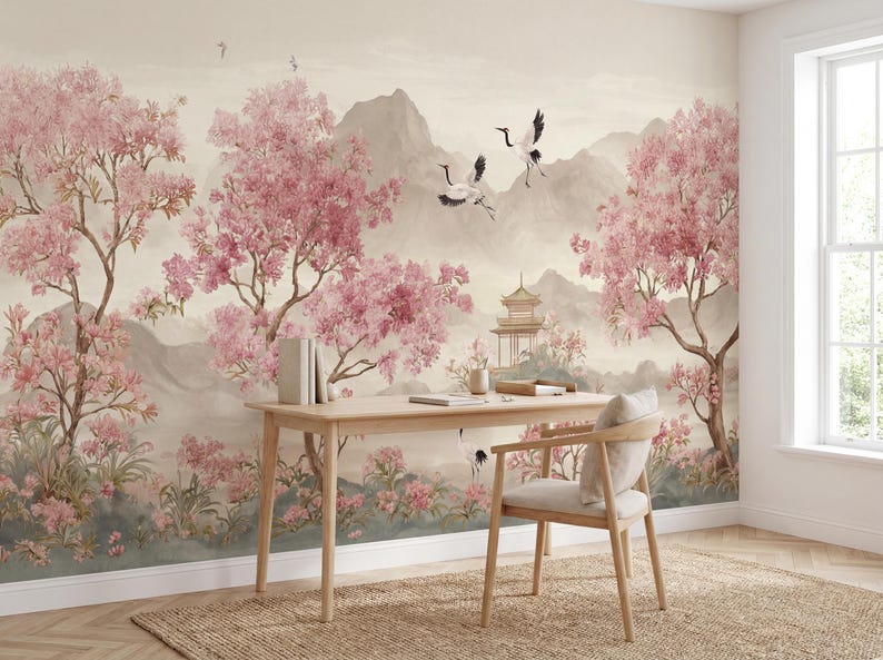 Cherry Blossom Wallpaper, Asian Landscape Wall Mural, Floral Nature Wallpaper, Crane Bird Wall Art, Zen Style Decor, Living Room Mural image 6