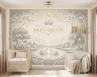 Tapeta z Jeziorem Łabędzim na zamówienie, Spersonalizowany mural do pokoju dziecięcego, Dekoracja ścienna dla dziecka z motywem księżyca i gwiazd, Tapeta z imieniem, Tapeta na zamówienie, Dekoracja pokoju dziecięcego