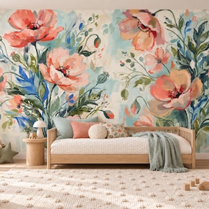 Papel pintado floral colorido, mural abstracto de amapolas, papel pintado de flores de coral, mural botánico, decoración floral grande, papel pintado para dormitorio