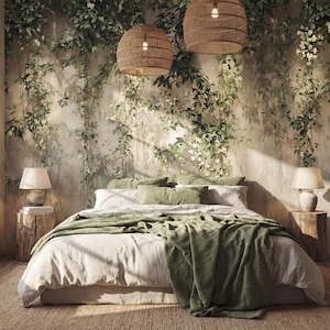 May include: A bedroom featuring a bed with white and olive green bedding, two wooden stump nightstands with lamps, and two woven pendant lights. The wall behind the bed is decorated with a mural of climbing green vines and white flowers.