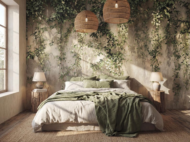 May include: A bedroom featuring a bed with white and olive green bedding, two wooden stump nightstands with lamps, and two woven pendant lights. The wall behind the bed is decorated with a mural of climbing green vines and white flowers.