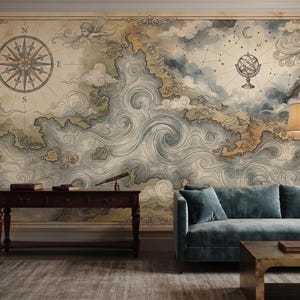 Papel de parede vintage com mapa celeste, mural antigo de ondas do oceano, arte de parede com rosa dos ventos, mapa de constelações, papel de parede de cartografia do velho mundo.