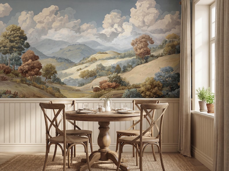 Vintage Landscape Wallpaper, Pastoral Cloud Wall Mural, French Country ...