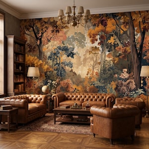 May include: A library room featuring a large wall mural of an autumn forest with orange, yellow, and dark green trees. The room includes brown leather tufted sofas and armchairs, dark wood bookshelves, a coffee table, and a brass chandelier.