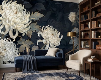 Navy Chrysanthemum Wallpaper, Japanese Floral Mural, White Botanical Wall Decor, Luxury Dark Blue Flower Wallpaper, Peel and Stick Mural