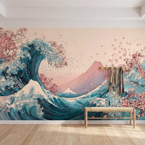 Japanese Wave Wallpaper, Cherry Blossom Wall Mural, Ocean Art, Mount Fuji Inspired Decor, Soft Pink Blue Wallpaper, Statement Wall Mural