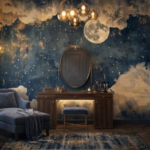 May include: A bedroom interior with a vanity table, chaise lounge, and a night sky mural. The dark wood vanity has an oval mirror and is lit by warm lighting. A blue chaise longue and patterned rug add to the room's elegance and style.