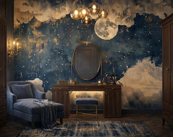 Celestial Moon Wallpaper, Navy Watercolor Sky Mural, Gold Cosmic Cloud Design, Abstract Starry Night Wall Art, Dreamy Galaxy Wall Decal