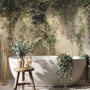 May include: A white oval freestanding bathtub sits in front of a wall covered in climbing green vines with small white flowers. A tall gold floor-mounted faucet stands nearby, and a wooden stool holds a vase of eucalyptus and three gold candles.
