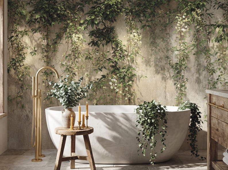 May include: A white oval freestanding bathtub sits in front of a wall covered in climbing green vines with small white flowers. A tall gold floor-mounted faucet stands nearby, and a wooden stool holds a vase of eucalyptus and three gold candles.