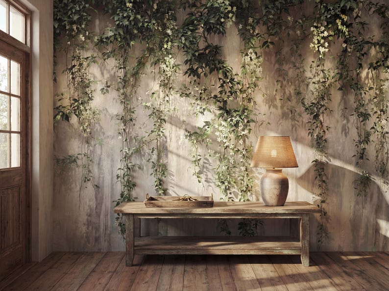 May include: A rectangular wooden bench with a lower shelf sits against a wall covered in climbing green vines with small white flowers. A ceramic table lamp with a tan shade and a shallow wooden tray are placed on the bench surface.