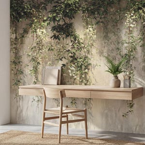 May include: A light wood floating desk with two drawers and a matching wooden chair with a woven seat. On the desk sits a notebook, a small potted fern, and a pencil holder. The wall behind features a mural of hanging green vines and white flowers.