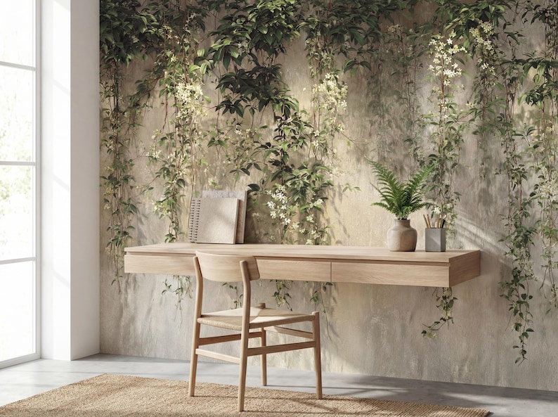 May include: A light wood floating desk with two drawers and a matching wooden chair with a woven seat. On the desk sits a notebook, a small potted fern, and a pencil holder. The wall behind features a mural of hanging green vines and white flowers.