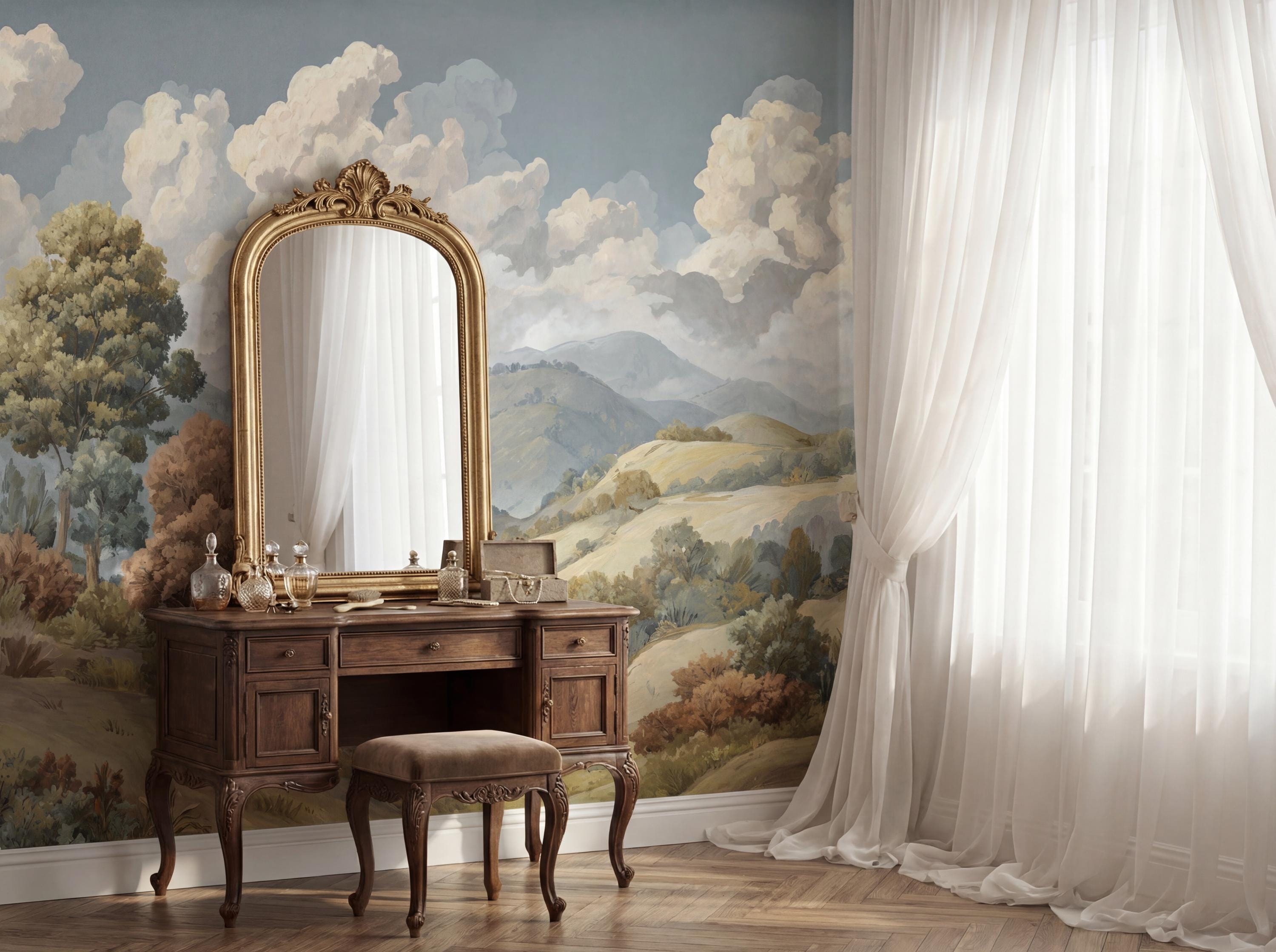 Vintage Landscape Wallpaper, Pastoral Cloud Wall Mural, French Country ...