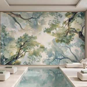 Waldkronen-Tapete, Baum-Deckenbild, Botanisches Wandbild, Japanische Naturdekoration, Waldtapete, Wandkunst mit sonnenbeschienenen Baumzweigen