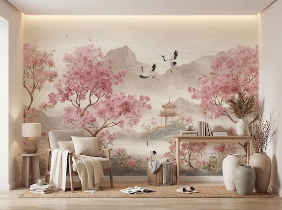 Cherry Blossom Wallpaper, Asian Landscape Wall Mural, Floral Nature Wallpaper, Crane Bird Wall Art, Zen Style Decor, Living Room Mural