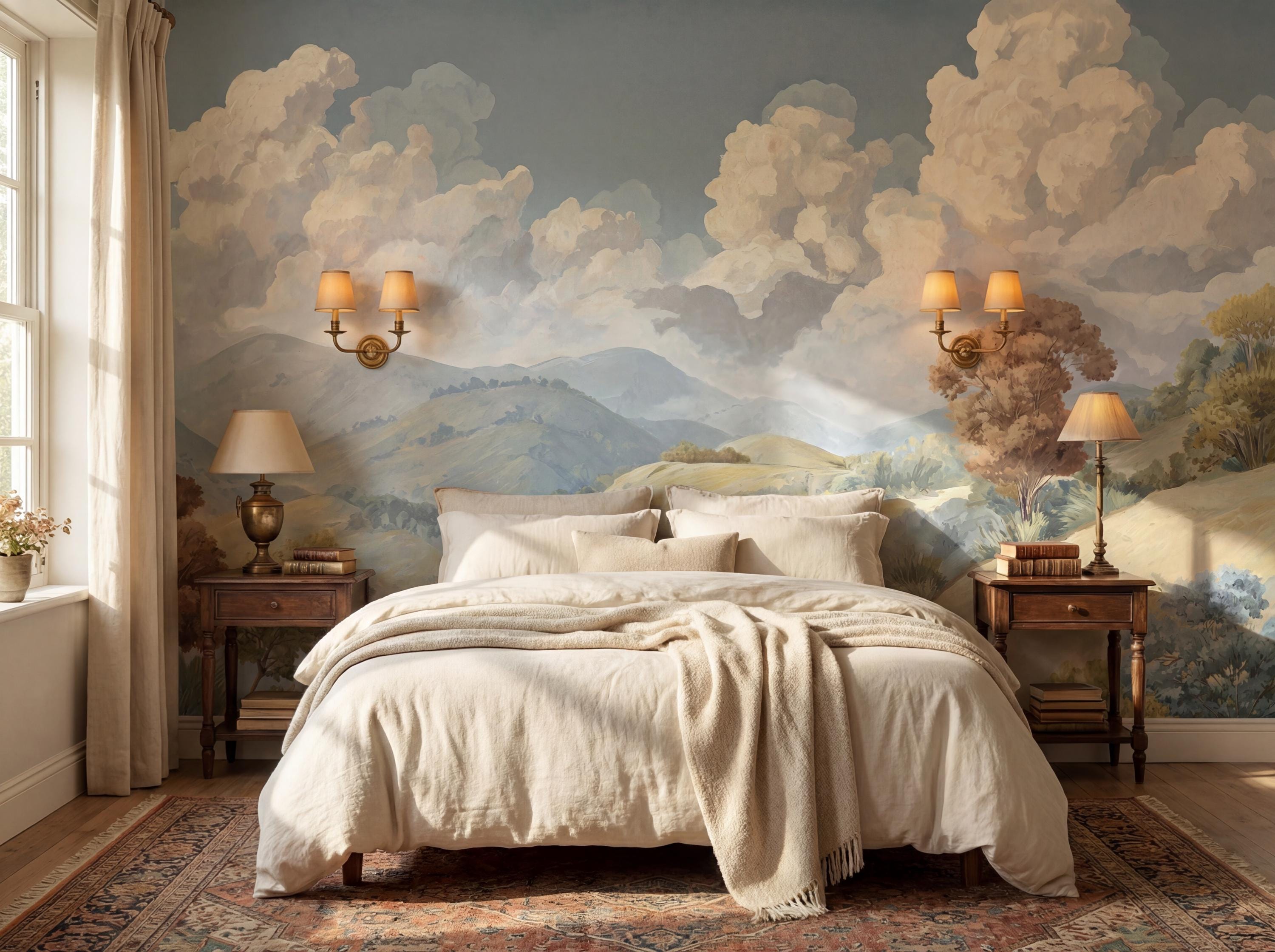 Vintage Landscape Wallpaper, Pastoral Cloud Wall Mural, French Country ...