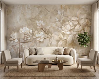 Romantic Neutral Floral Wallpaper, Beige Rose Wall Mural, Soft Vintage Blossom Design, Elegant Botanical Wall Decal, Floral Wall Art Decor