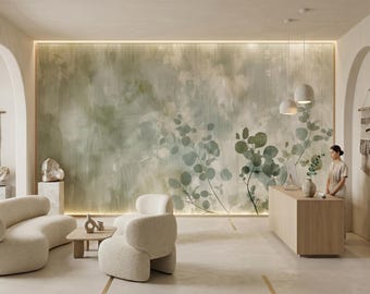 Sage Green Wallpaper, Abstract Botanical Mural, Eucalyptus Wall Art, Soft Watercolor Texture, Peel and Stick Wallpaper, Kitchen Wallpaper