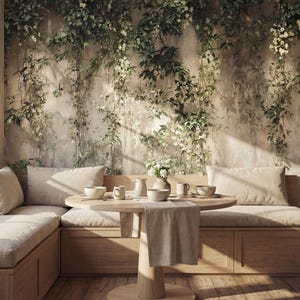 May include: A light wood corner bench with beige cushions and a matching round table. The table holds a ceramic vase with white flowers, several bowls, and mugs. The wall behind features a mural of climbing green vines and white flowers.