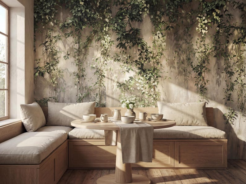 May include: A light wood corner bench with beige cushions and a matching round table. The table holds a ceramic vase with white flowers, several bowls, and mugs. The wall behind features a mural of climbing green vines and white flowers.