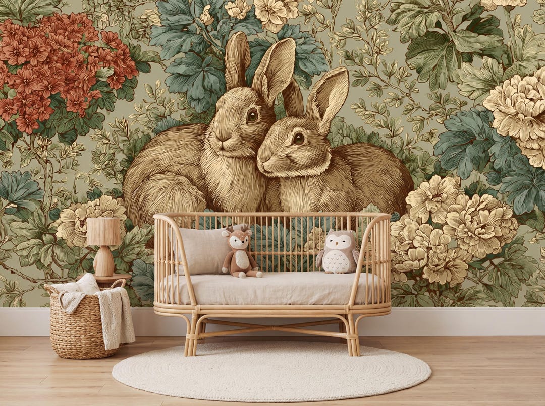 Bunny Wallpaper, Floral Nursery Wall Mural, Botanical Rabbit Art ...