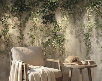 Botanical Vine Wallpaper, Green Leaf Wall Mural, Neutral Nature Decor, Minimal Rustic Wallpaper, Living Room Wallpaper, Housewarming Gift