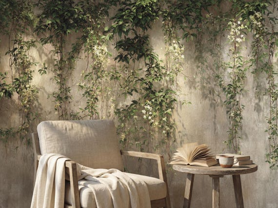Botanical Vine Wallpaper, Green Leaf Wall Mural, Neutral Nature Decor, Minimal Rustic Wallpaper, Living Room Wallpaper, Housewarming Gift