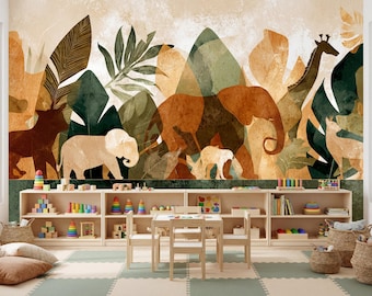 Jungle Animal Wallpaper, Safari Nursery Wall Mural, Elephant Giraffe Art, Neutral Kids Room Decor, Modern Playroom Design, Nursery Wall Gift